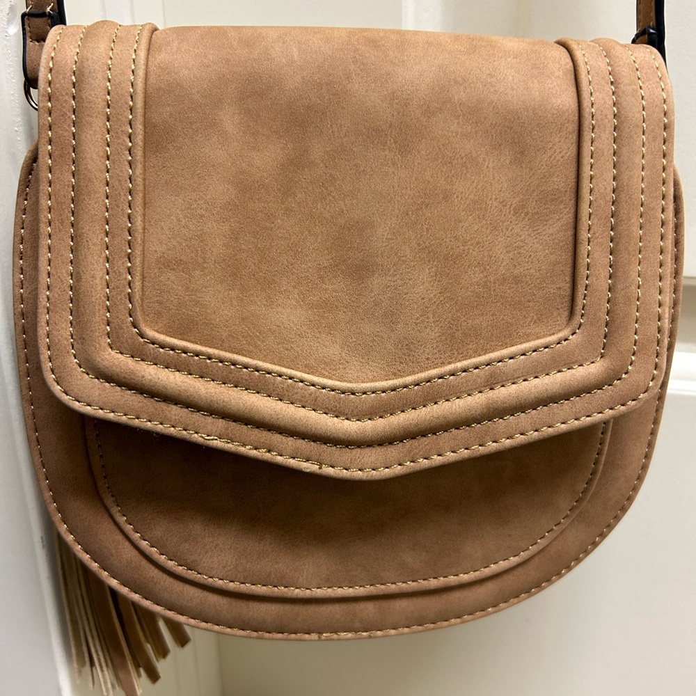 Purse, tan, 8”x8”, long strap